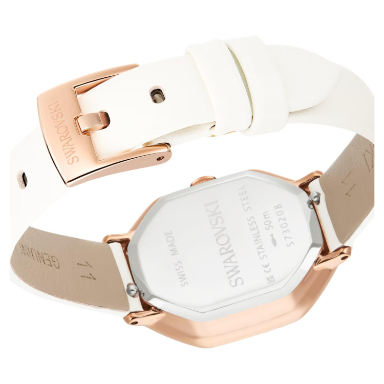 Dextera octagon watch Swiss Made, Leather strap, White, Rose gold-tone finish